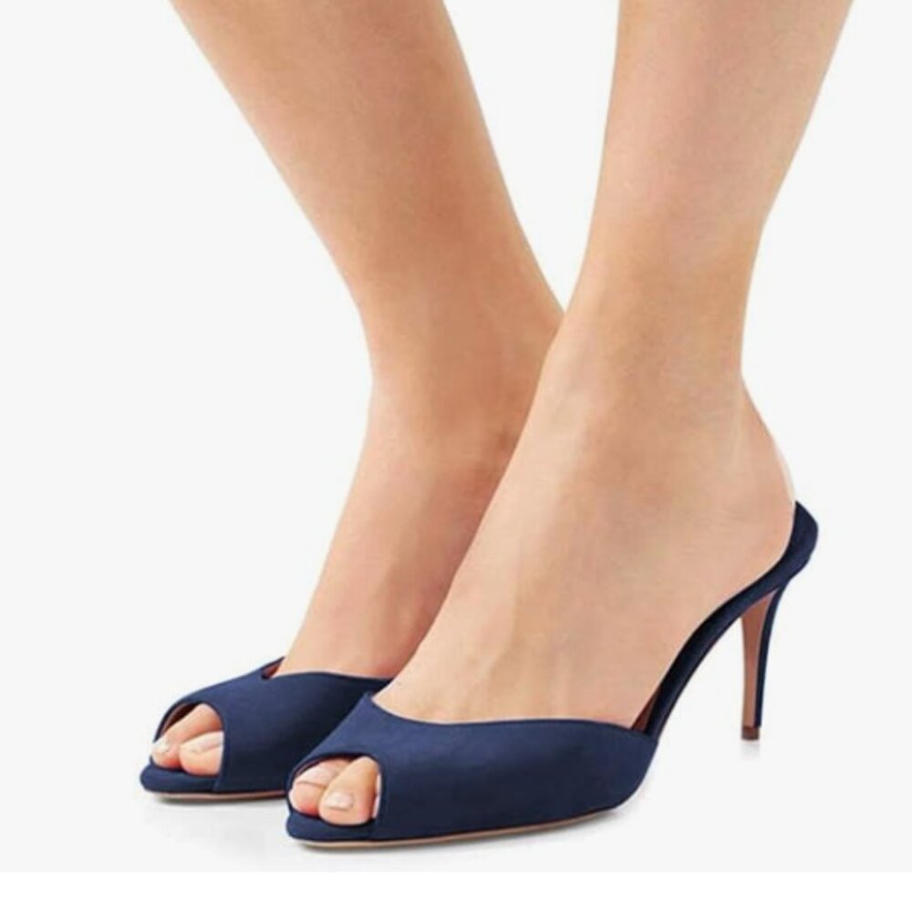 FSJ Navy High Heel Sandals Mules Peep Toe Slide Slip On Summer Dress Shoes
